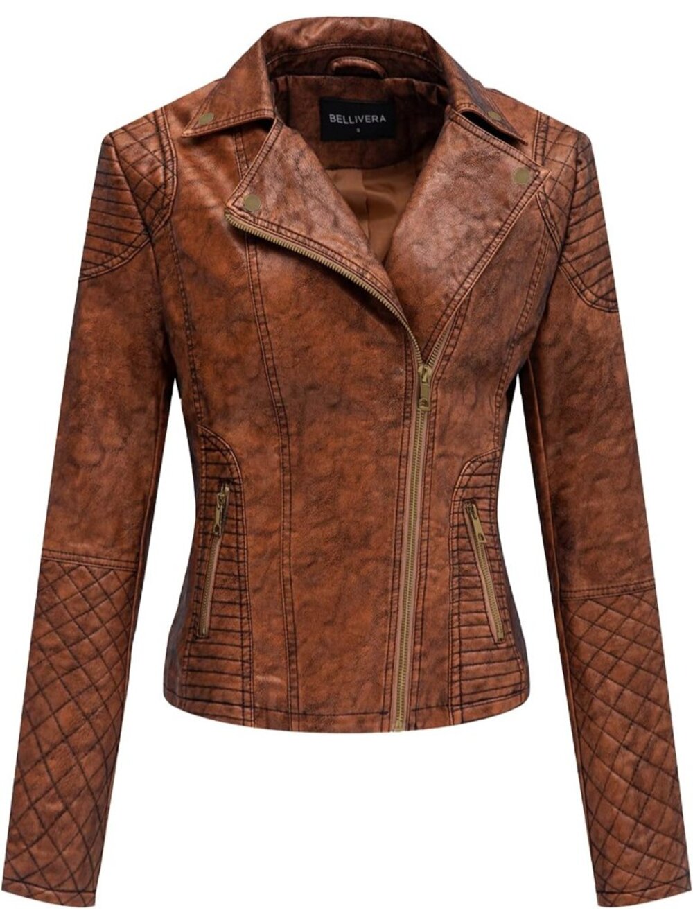 Women's Brown Faux Leather Casual Moto Biker Lightweight Jacket Slim Fit Coat